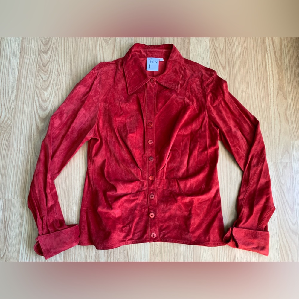 Finley 100% Red Leather Button Up Shirt Size Large Style No. 145087 - Runs Small